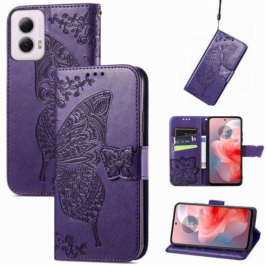 For Motorola Moto G Power 2024 Butterfly Love Flower Embossed Leather Phone Case(Dark Purple) - Motorola Cases by buy2fix | Online Shopping UK | buy2fix