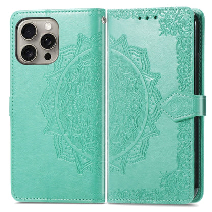 For iPhone 16 Pro Max Mandala Flower Embossed Leather Phone Case(Green) - iPhone 16 Pro Max Cases by buy2fix | Online Shopping UK | buy2fix