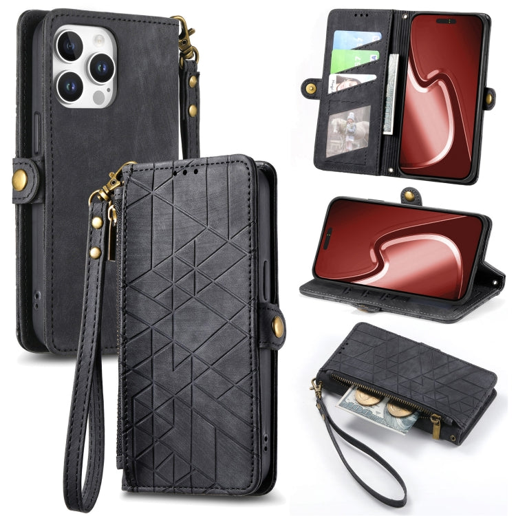 For iPhone 16 Pro Geometric Zipper Wallet Side Buckle Leather Phone Case(Black) - iPhone 16 Pro Cases by buy2fix | Online Shopping UK | buy2fix