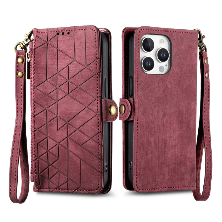 For iPhone 16 Pro Max Geometric Zipper Wallet Side Buckle Leather Phone Case(Red) - iPhone 16 Pro Max Cases by buy2fix | Online Shopping UK | buy2fix