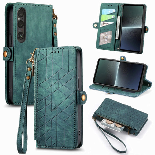 For Sony Xperia 10 III Geometric Zipper Wallet Side Buckle Leather Phone Case(Green) - Sony Cases by buy2fix | Online Shopping UK | buy2fix