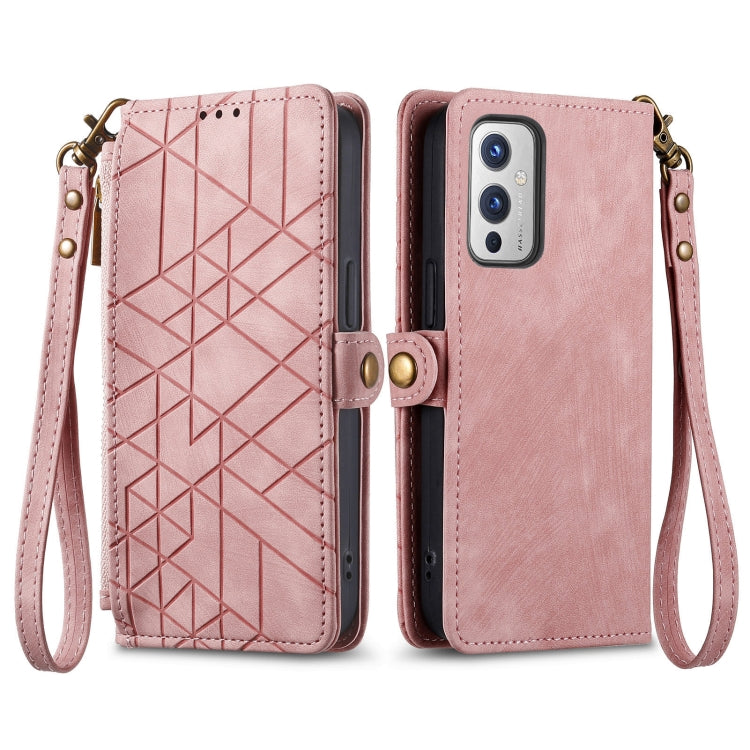 For OnePlus 11 Geometric Zipper Wallet Side Buckle Leather Phone Case(Pink) - OnePlus Cases by buy2fix | Online Shopping UK | buy2fix