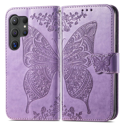 For Samsung Galaxy S24 Ultra 5G Butterfly Love Flower Embossed Leather Phone Case(Light Purple) - Galaxy S24 Ultra 5G Cases by buy2fix | Online Shopping UK | buy2fix
