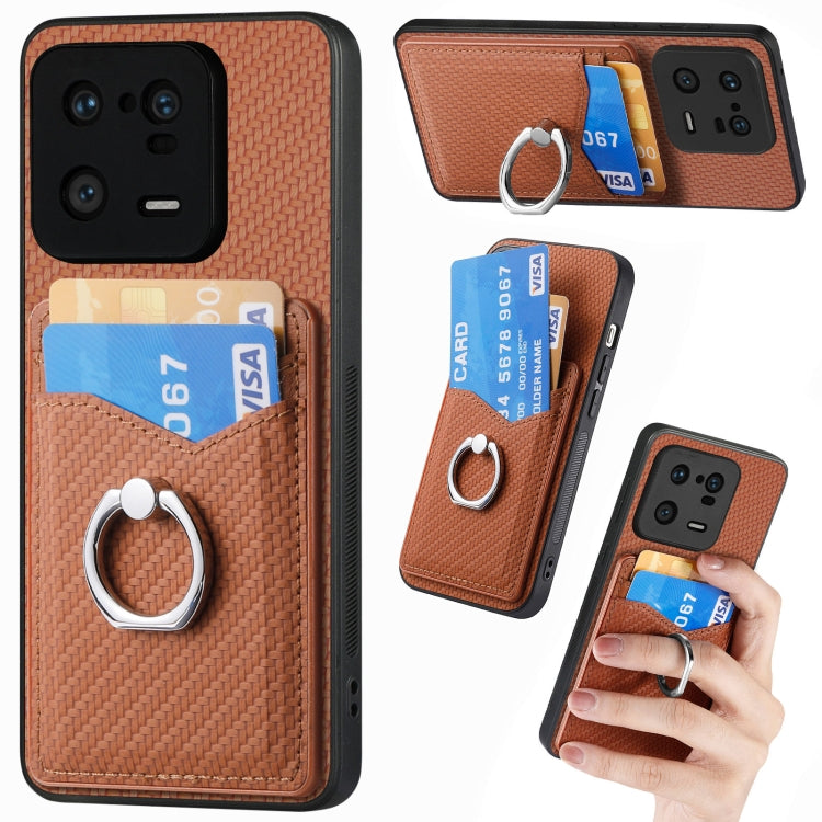 For Xiaomi 13 Pro Carbon Fiber Card Wallet Ring Holder Phone Case(Brown) - 13 Pro Cases by buy2fix | Online Shopping UK | buy2fix