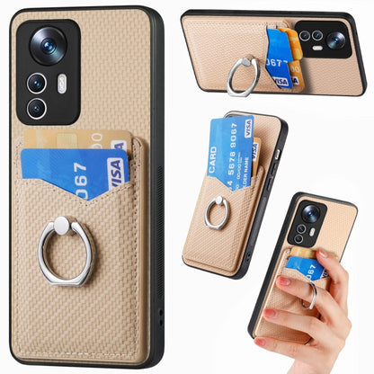 For Xiaomi 12T Pro Carbon Fiber Card Wallet Ring Holder Phone Case(Khaki) - Xiaomi Cases by buy2fix | Online Shopping UK | buy2fix