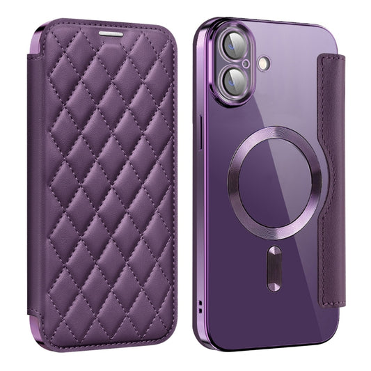 For iPhone 16 Shield Magsafe RFID Anti-theft Rhombus Leather Phone Case(Purple) - iPhone 16 Cases by buy2fix | Online Shopping UK | buy2fix