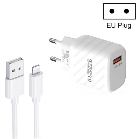 TE-005 QC3.0 18W USB Fast Charger with 1m 3A USB to 8 Pin Cable, EU Plug(White) - USB Charger by buy2fix | Online Shopping UK | buy2fix