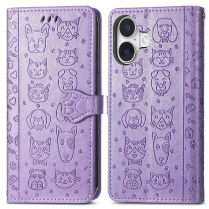 For iPhone 16 Cat and Dog Embossed Leather Phone Case(Purple) - iPhone 16 Cases by buy2fix | Online Shopping UK | buy2fix