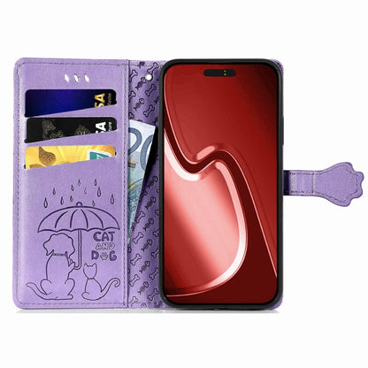 For iPhone 16 Cat and Dog Embossed Leather Phone Case(Purple) - iPhone 16 Cases by buy2fix | Online Shopping UK | buy2fix