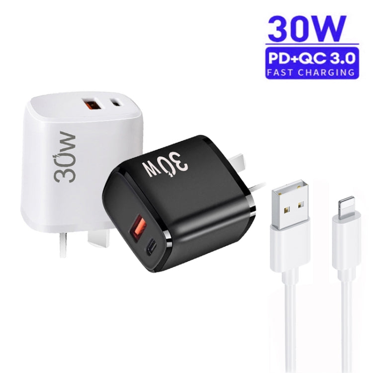 PD30W USB-C / Type-C + QC3.0 USB Charger with 1m USB to 8 Pin Data Cable, AU Plug(Black) - USB Charger by buy2fix | Online Shopping UK | buy2fix