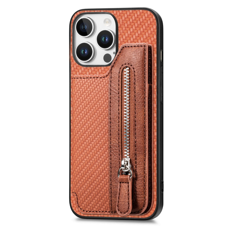 For iPhone 16 Pro Max Carbon Fiber Horizontal Flip Zipper Wallet Phone Case(Brown) - iPhone 16 Pro Max Cases by buy2fix | Online Shopping UK | buy2fix