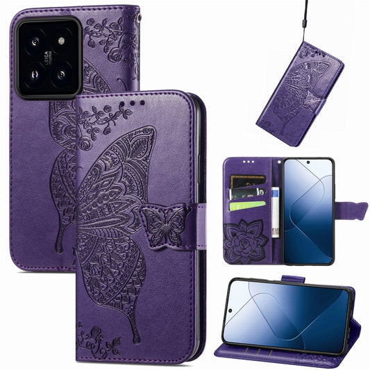 For Xiaomi 14 Pro Butterfly Love Flower Embossed Leather Phone Case(Dark Purple) - 14 Pro Cases by buy2fix | Online Shopping UK | buy2fix