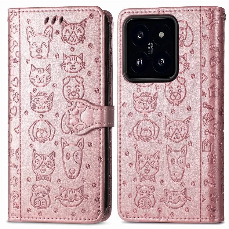 For  Xiaomi 14 Pro Cat and Dog Embossed Leather Phone Case(Rose Gold) - 14 Pro Cases by buy2fix | Online Shopping UK | buy2fix