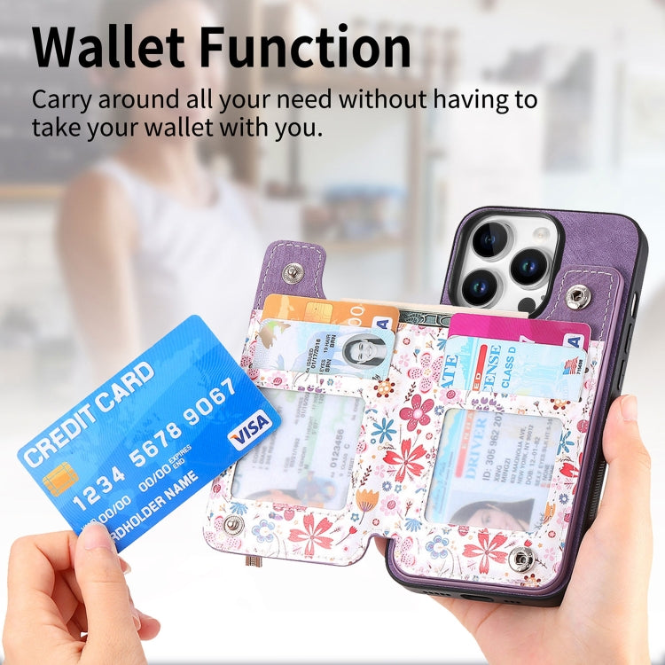 For iPhone 16 Pro Retro Painted Zipper Wallet Back Phone Case(Purple) - iPhone 16 Pro Cases by buy2fix | Online Shopping UK | buy2fix