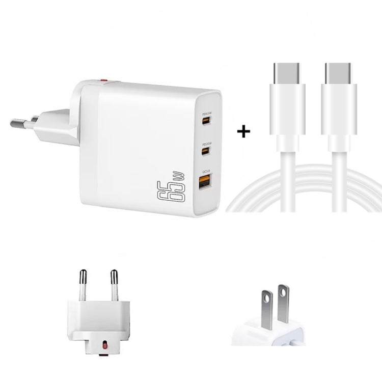 GAN 65W PD45W Dual Type-C / QC3.0 USB  Multi Compatible Charger + 2m USB-C to USB-C Data Cable EU + US Plug White - Cable & Adapter by buy2fix | Online Shopping UK | buy2fix