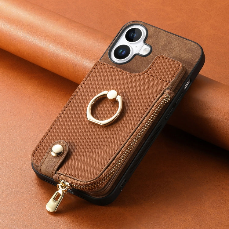 For iPhone 16 Cross Leather Ring Vertical Zipper Wallet Back Phone Case(Brown) - iPhone 16 Cases by buy2fix | Online Shopping UK | buy2fix