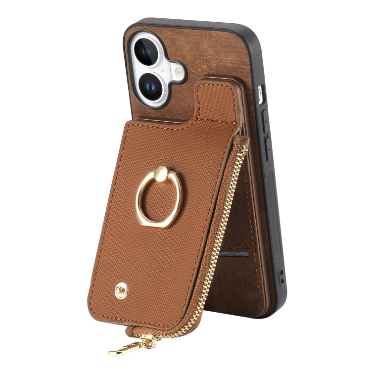 For iPhone 16 Cross Leather Ring Vertical Zipper Wallet Back Phone Case(Brown) - iPhone 16 Cases by buy2fix | Online Shopping UK | buy2fix