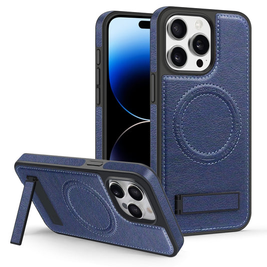 For iPhone 14 Pro Multi-function Holder MagSafe PU Phone Case(Blue) - iPhone 14 Pro Cases by buy2fix | Online Shopping UK | buy2fix