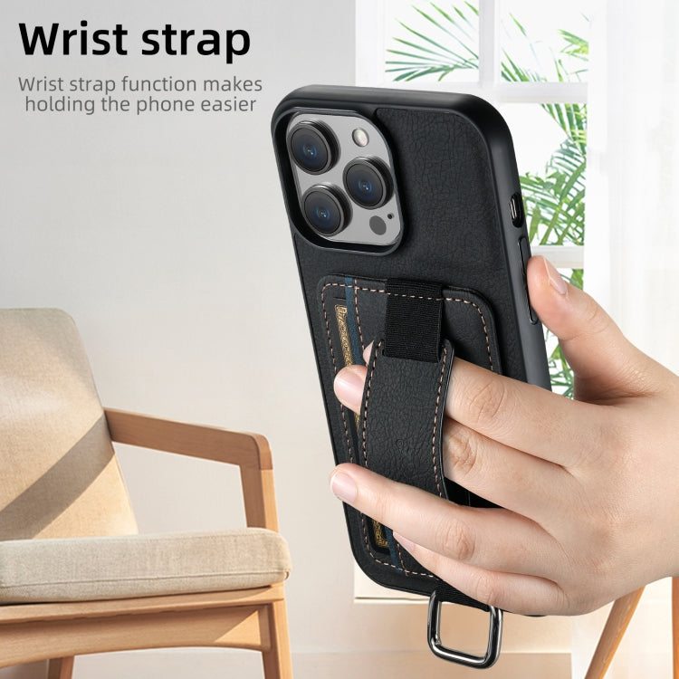 For iPhone 16 Pro Max Suteni H13 Litchi Leather Wrist Strap Wallet Back Phone Case(Black) - iPhone 16 Pro Max Cases by Suteni | Online Shopping UK | buy2fix