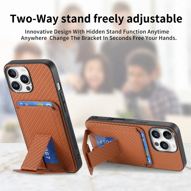 For iPhone 16 Pro Max Carbon Fiber Card Bag Fold Stand Phone Case(Brown) - iPhone 16 Pro Max Cases by buy2fix | Online Shopping UK | buy2fix