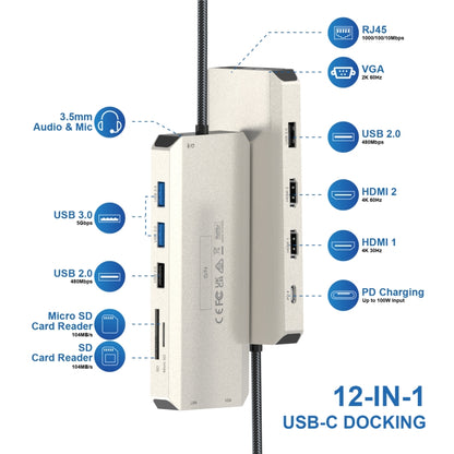 WAVLINK WL-UMD301 12 in 1 Multi-port Adapter 2*HDMI+1*VGA Triple Display USB-C Hub Dock - USB HUB by WAVLINK | Online Shopping UK | buy2fix