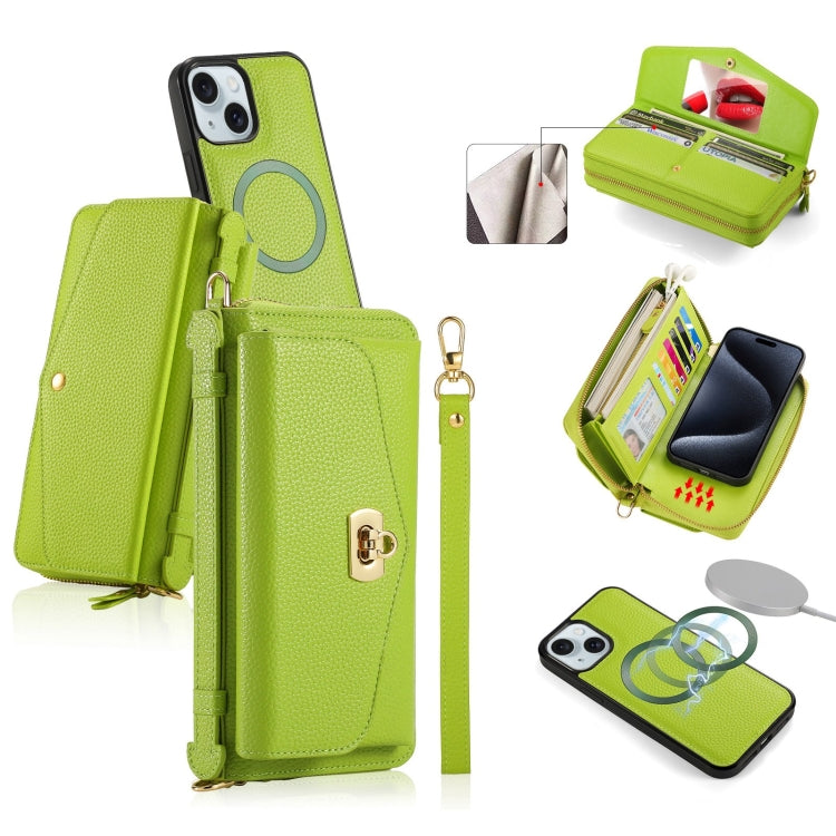 For iPhone 15 Plus MagSafe Crossbody Multi-functional Zipper Wallet Litchi Leather Phone Case(Green) - iPhone 15 Plus Cases by buy2fix | Online Shopping UK | buy2fix