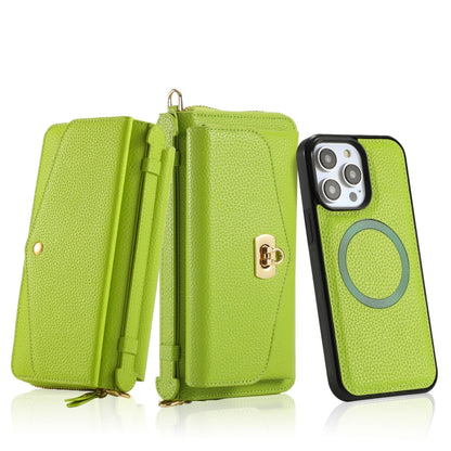 For iPhone 14 Pro Max MagSafe Crossbody Multi-functional Zipper Wallet Litchi Leather Phone Case(Green) - iPhone 14 Pro Max Cases by buy2fix | Online Shopping UK | buy2fix