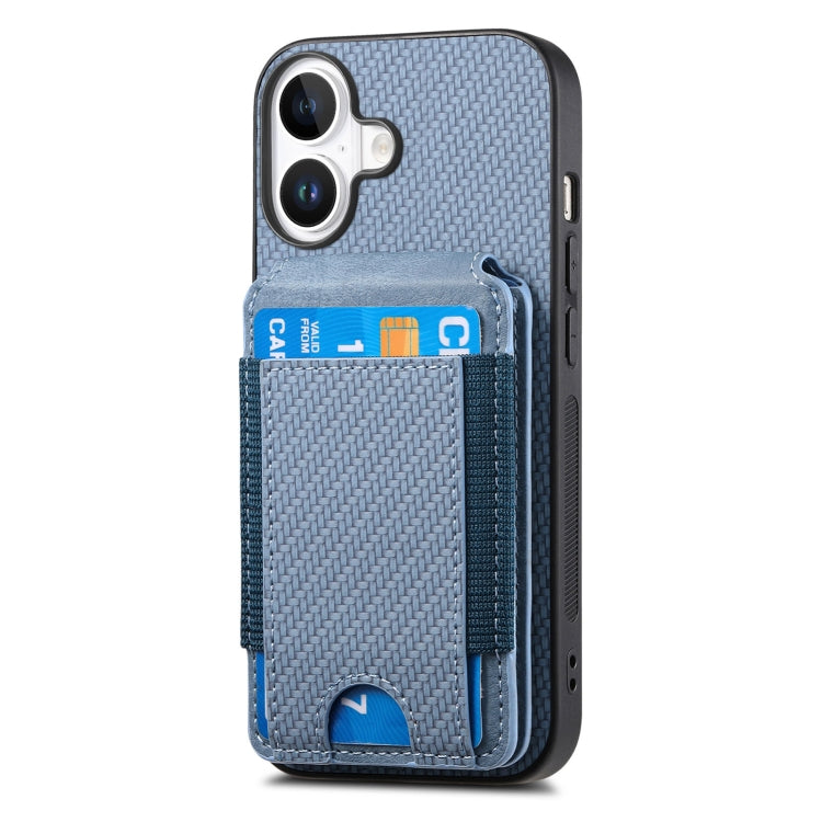 For iPhone 16 Carbon Fiber Vertical Flip Wallet Stand Phone Case(Blue) - iPhone 16 Cases by buy2fix | Online Shopping UK | buy2fix