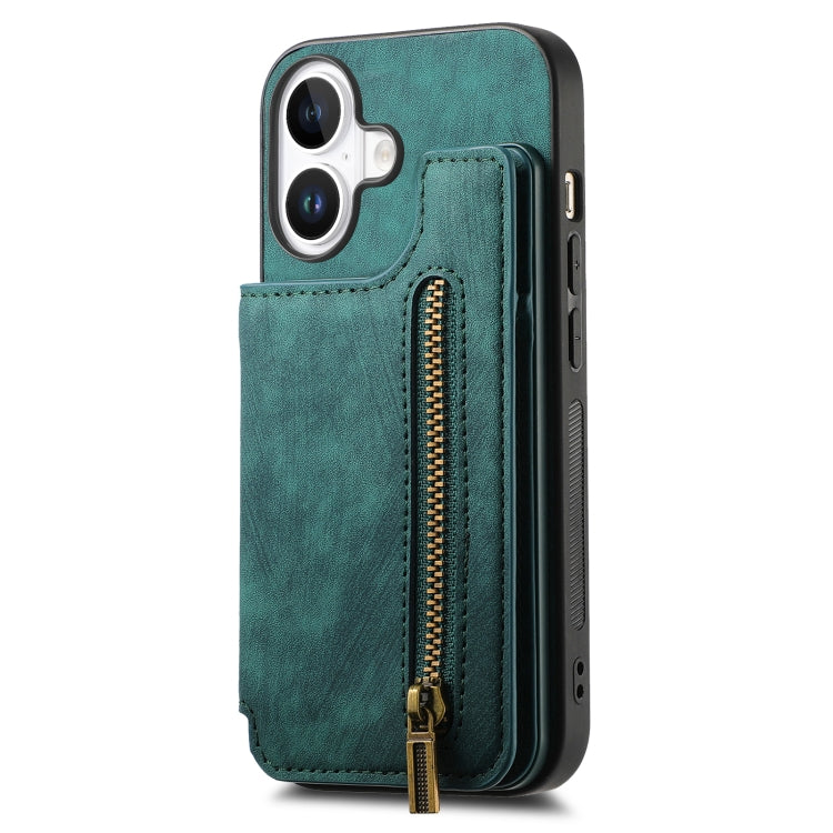 For iPhone 16 Retro Leather Zipper Wallet Back Phone Case(Green) - More iPhone Cases by buy2fix | Online Shopping UK | buy2fix