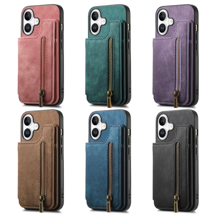 For iPhone 16 Retro Leather Zipper Wallet Back Phone Case(Green) - More iPhone Cases by buy2fix | Online Shopping UK | buy2fix