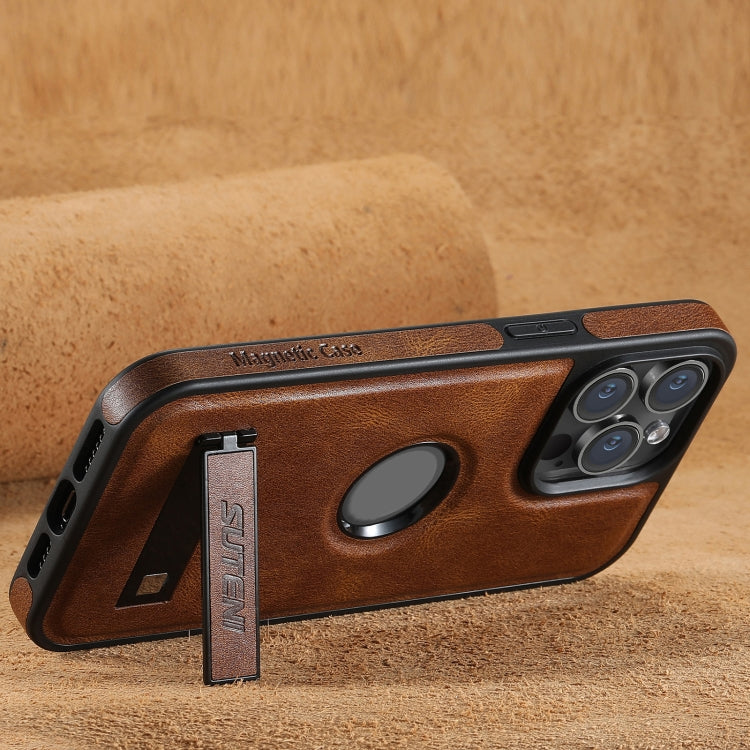 For iPhone 13 Suteni G2 Magsafe Oil Wax Leather Back Phone Case with Holder(Brown) - iPhone 13 Cases by Suteni | Online Shopping UK | buy2fix