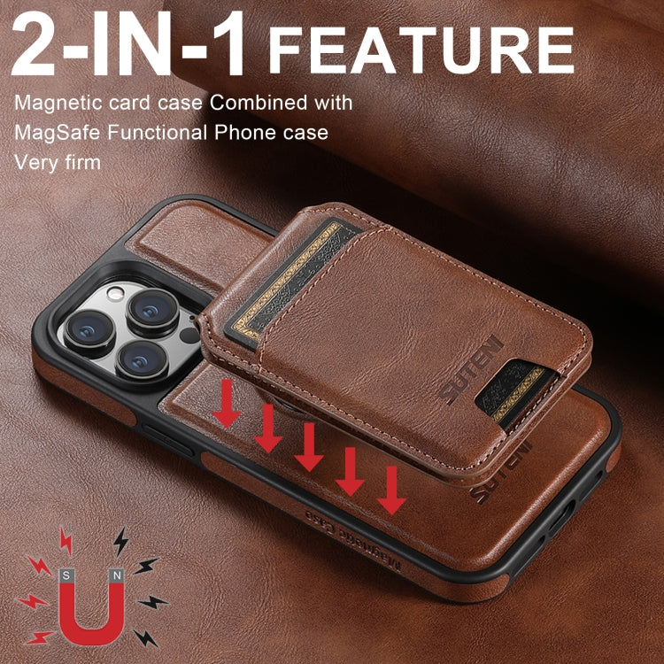 For iPhone 16 Pro Suteni M2 Oil Wax MagSafe Horizontal Card Bag Phone Case(Brown) - iPhone 16 Pro Cases by Suteni | Online Shopping UK | buy2fix