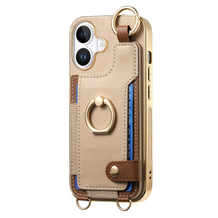 For iPhone 16 Fashion Ring Card Bag Phone Case with Hang Loop(Khaki) - iPhone 16 Cases by buy2fix | Online Shopping UK | buy2fix