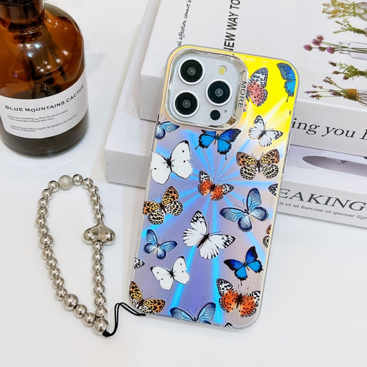 For iPhone 16 Pro Max Electroplating Laser Butterfly Phone Case with Wrist Strap(Color Butterflies AB1) - iPhone 16 Pro Max Cases by buy2fix | Online Shopping UK | buy2fix