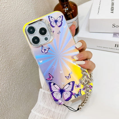 For iPhone 16 Plus Electroplating Laser Butterfly Phone Case with Wrist Strap(White Purple Butterflies AB6) - iPhone 16 Plus Cases by buy2fix | Online Shopping UK | buy2fix