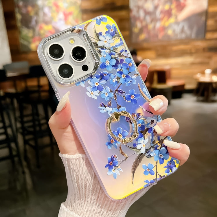 For iPhone 16 Pro Electroplating Laser Flower Ring Holder TPU Phone Case(Myosotis AH2) - iPhone 16 Pro Cases by buy2fix | Online Shopping UK | buy2fix