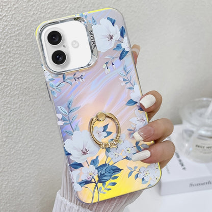 For iPhone 16 Plus Electroplating Laser Flower Ring Holder TPU Phone Case(White Flower AH10) - iPhone 16 Plus Cases by buy2fix | Online Shopping UK | buy2fix