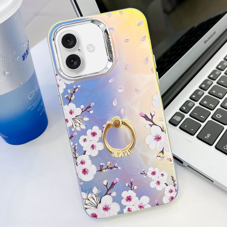 For iPhone 16 Plus Electroplating Laser Flower Ring Holder TPU Phone Case(Plum Blossom AH18) - iPhone 16 Plus Cases by buy2fix | Online Shopping UK | buy2fix