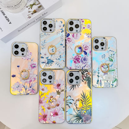 For iPhone 16 Pro Max Electroplating Laser Flower Ring Holder TPU Phone Case(Myosotis AH2) - iPhone 16 Pro Max Cases by buy2fix | Online Shopping UK | buy2fix