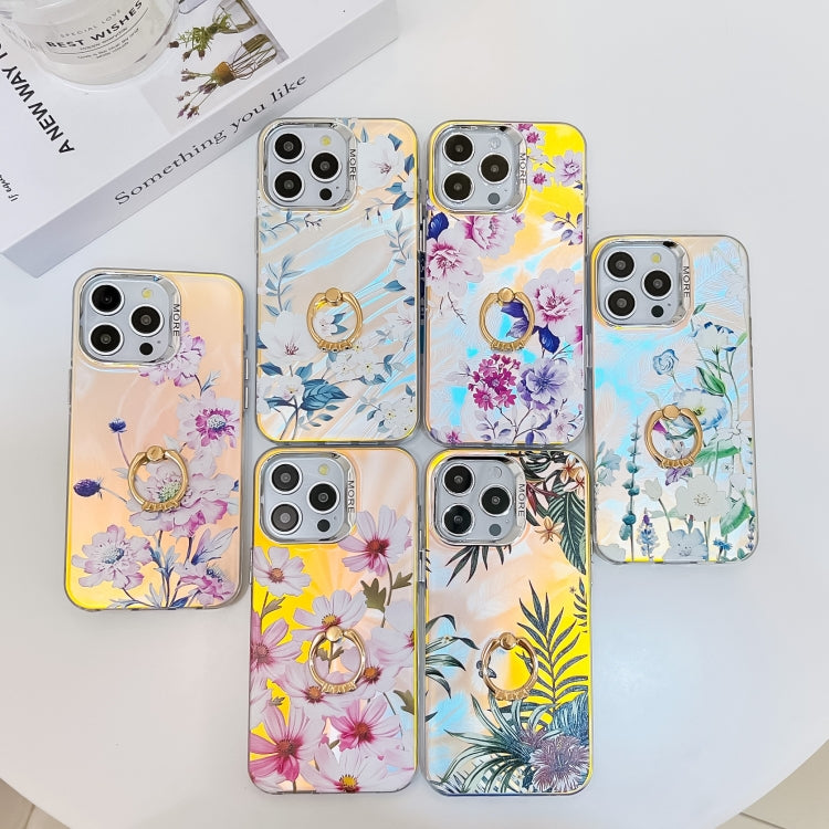 For iPhone 16 Plus Electroplating Laser Flower Ring Holder TPU Phone Case(Lavender AH14) - iPhone 16 Plus Cases by buy2fix | Online Shopping UK | buy2fix