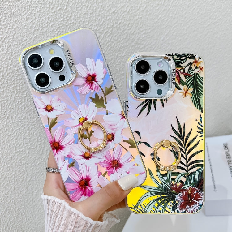 For iPhone 16 Pro Electroplating Laser Flower Ring Holder TPU Phone Case(White Flower AH10) - iPhone 16 Pro Cases by buy2fix | Online Shopping UK | buy2fix