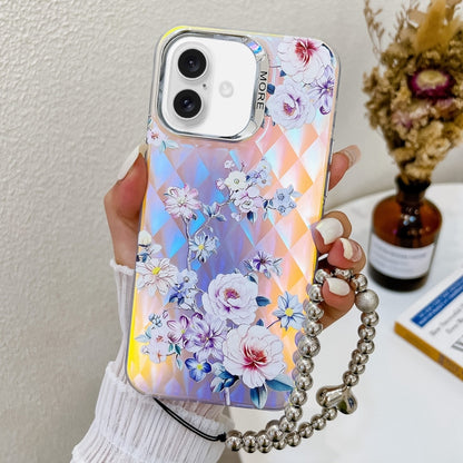 For iPhone 16 Plus Electroplating Laser Flower Phone Case with Wrist Strap(Rose AH15) - iPhone 16 Plus Cases by buy2fix | Online Shopping UK | buy2fix