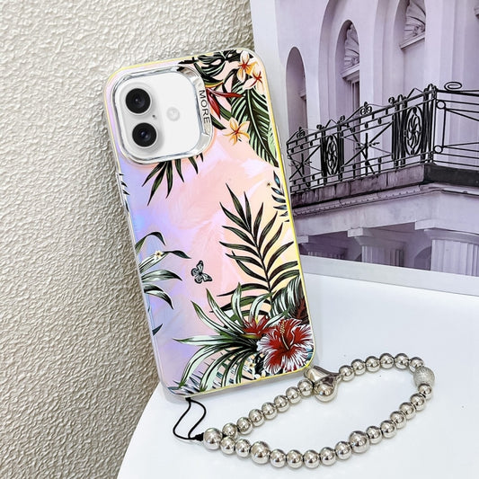 For iPhone 16 Electroplating Laser Flower Phone Case with Wrist Strap(Leaves AH12) - iPhone 16 Cases by buy2fix | Online Shopping UK | buy2fix