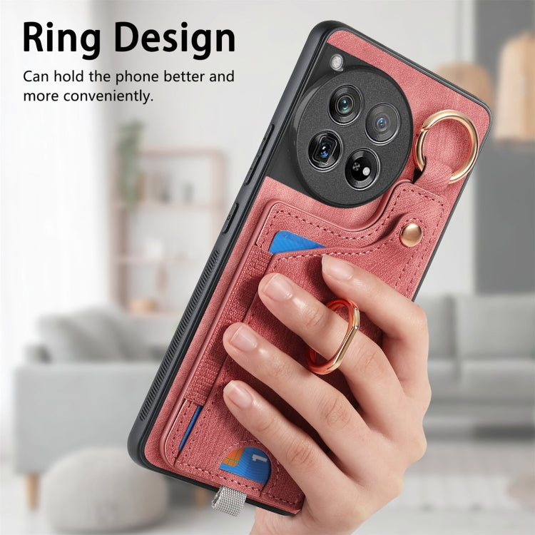 For OnePlus 12 5G Retro Skin-feel Ring Card Bag Phone Case with Hang Loop(Pink) - OnePlus Cases by buy2fix | Online Shopping UK | buy2fix