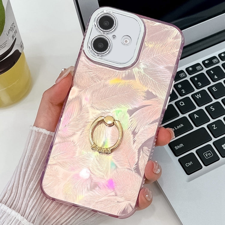 For iPhone 16 Plating Glitter Texture Ring Holder TPU Phone Case with Lens Film(Pink Feathers) - iPhone 16 Cases by buy2fix | Online Shopping UK | buy2fix