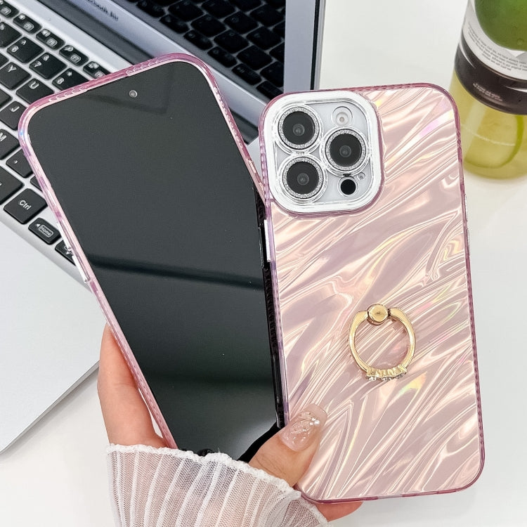 For iPhone 16 Plus Plating Glitter Texture Ring Holder TPU Phone Case with Lens Film(White Water Ripples) - iPhone 16 Plus Cases by buy2fix | Online Shopping UK | buy2fix