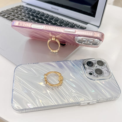 For iPhone 16 Plus Plating Glitter Texture Ring Holder TPU Phone Case with Lens Film(White Water Ripples) - iPhone 16 Plus Cases by buy2fix | Online Shopping UK | buy2fix