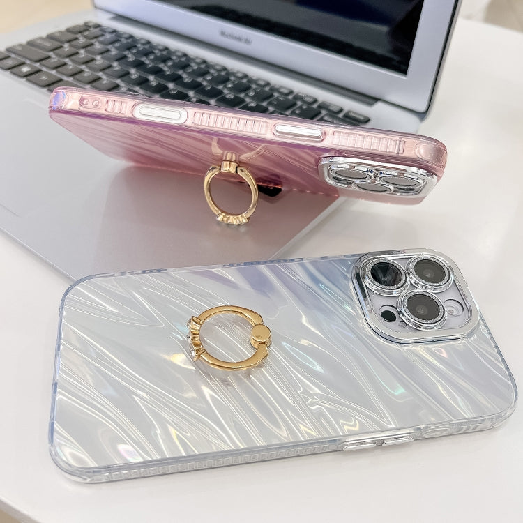 For iPhone 16 Pro Max Plating Glitter Texture Ring Holder TPU Phone Case with Lens Film(White Feathers) - More iPhone Cases by buy2fix | Online Shopping UK | buy2fix