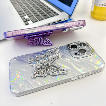 For iPhone 16 Pro Max Plating Glitter Texture Butterfly Holder TPU Phone Case with Lens Film(Purple Shell Pattern) - iPhone 16 Pro Max Cases by buy2fix | Online Shopping UK | buy2fix