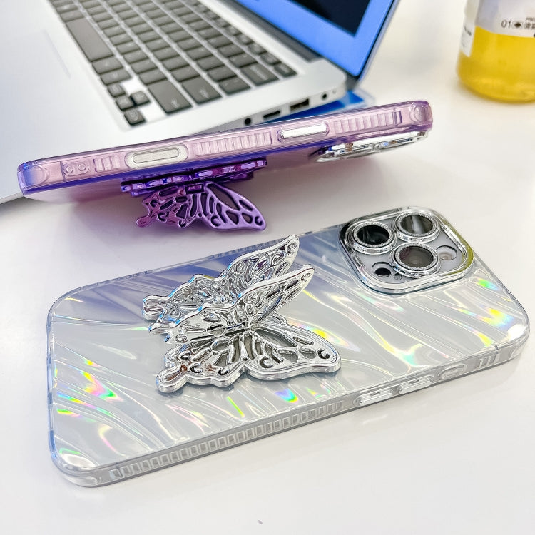 For iPhone 16 Plating Glitter Texture Butterfly Holder TPU Phone Case with Lens Film(Pink Feathers) - iPhone 16 Cases by buy2fix | Online Shopping UK | buy2fix